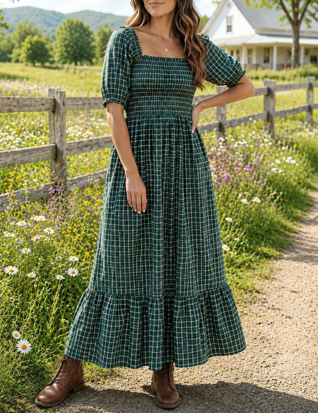 Pre-order Green Plaid Ruffle Dress