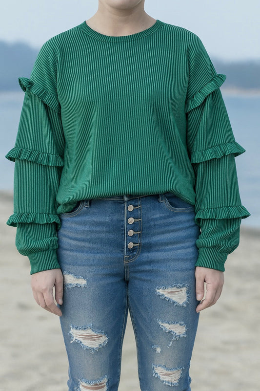 Pre-order Green Ribbed Ruffle Sleeve Top FB