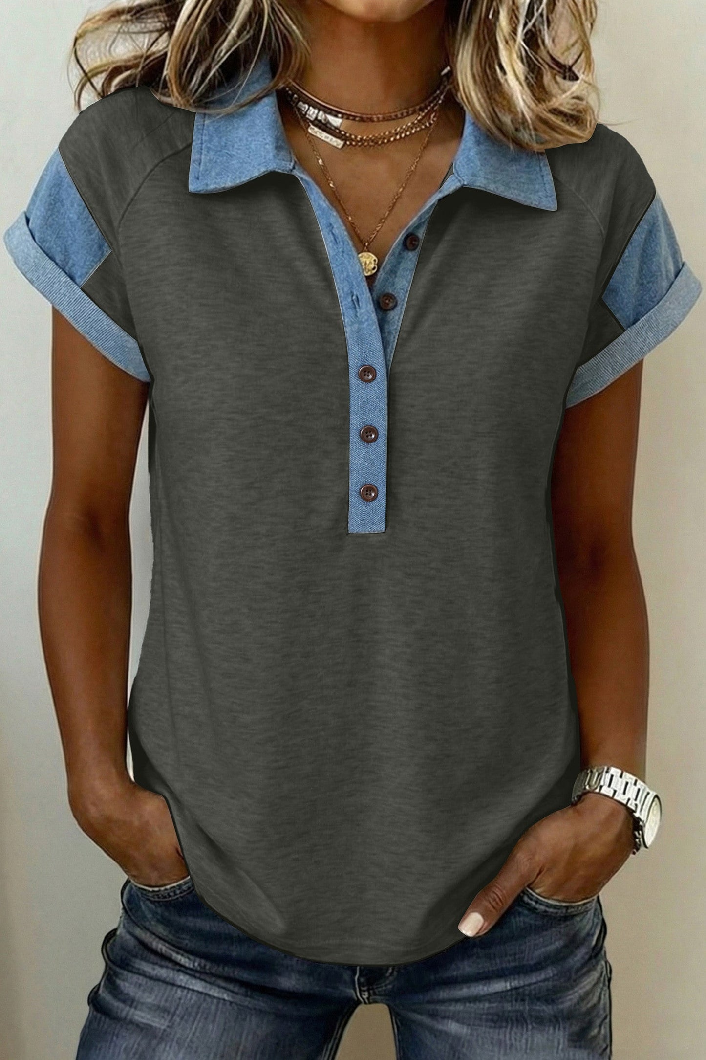 Pre-order Grey Denim Collar Blouse