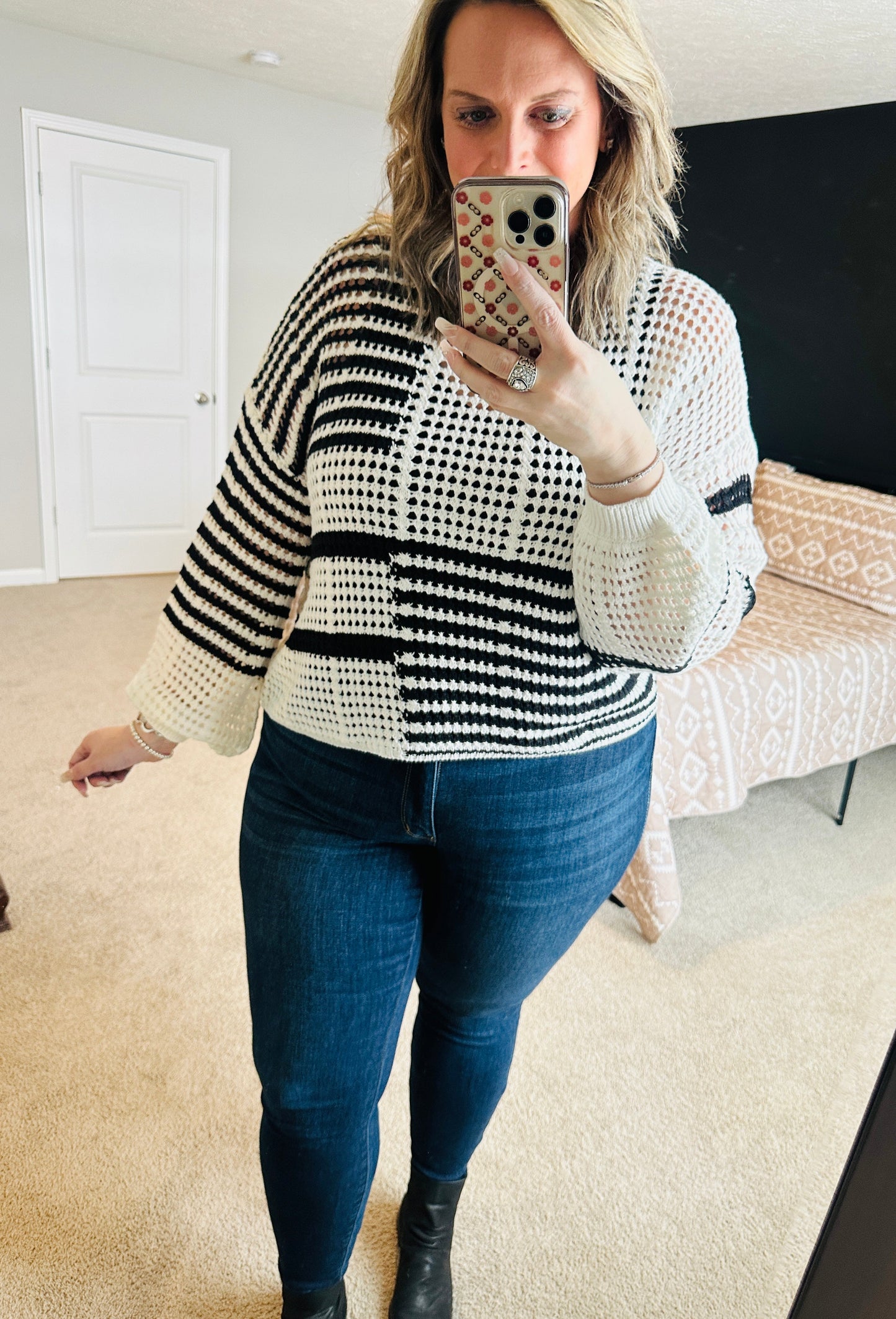 Women's Black and White Stripe Knit Sweater