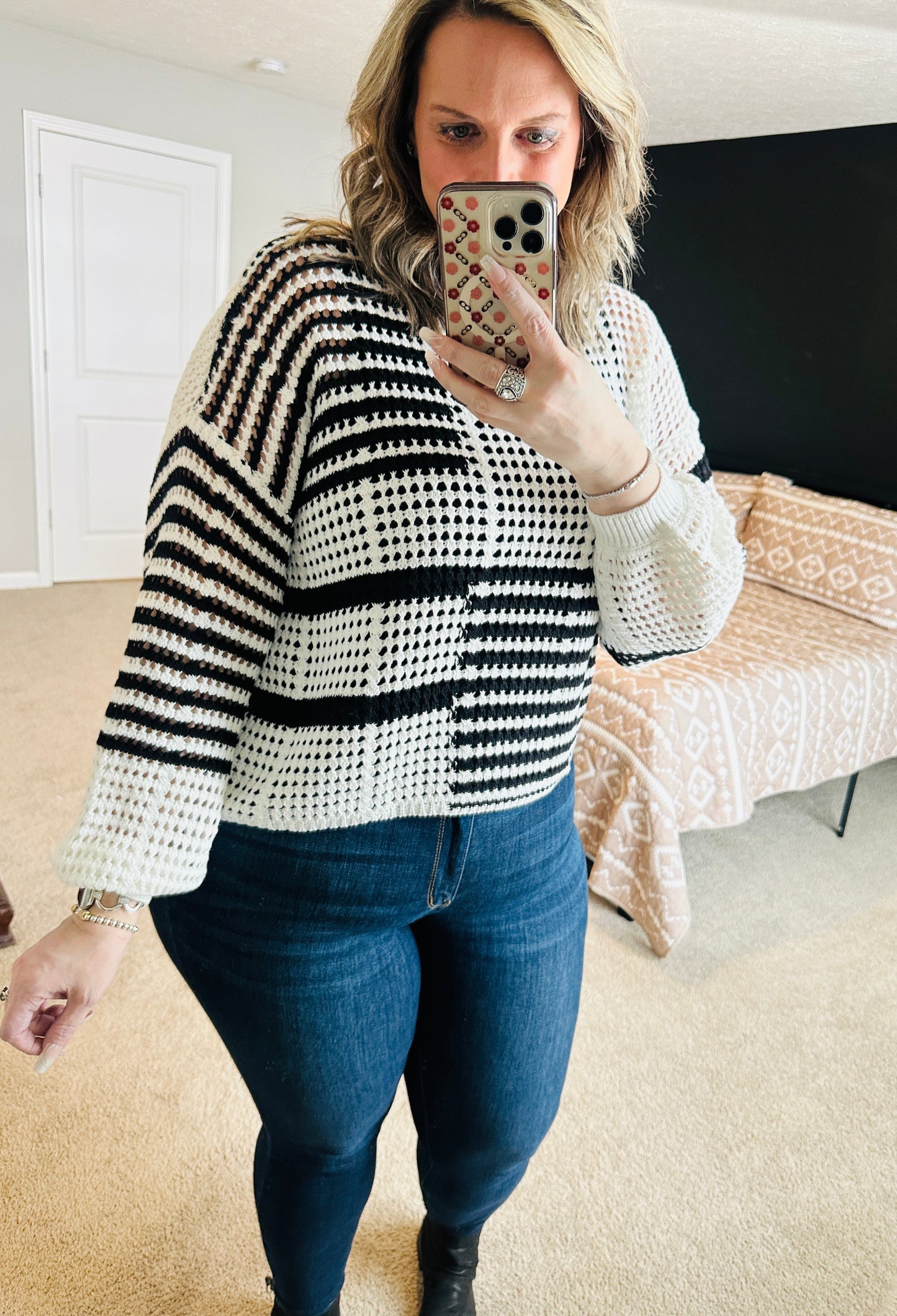 Women's Black and White Stripe Knit Sweater