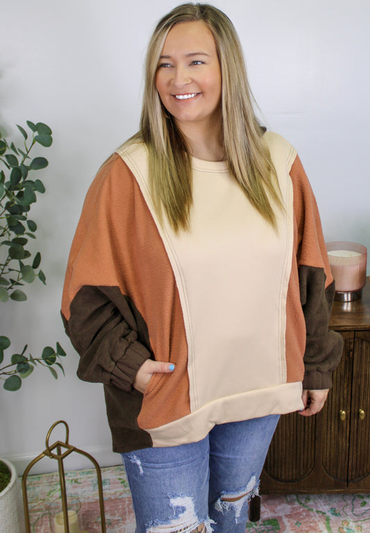 Pre-order Brown Colorblock Plus Size Hoodie