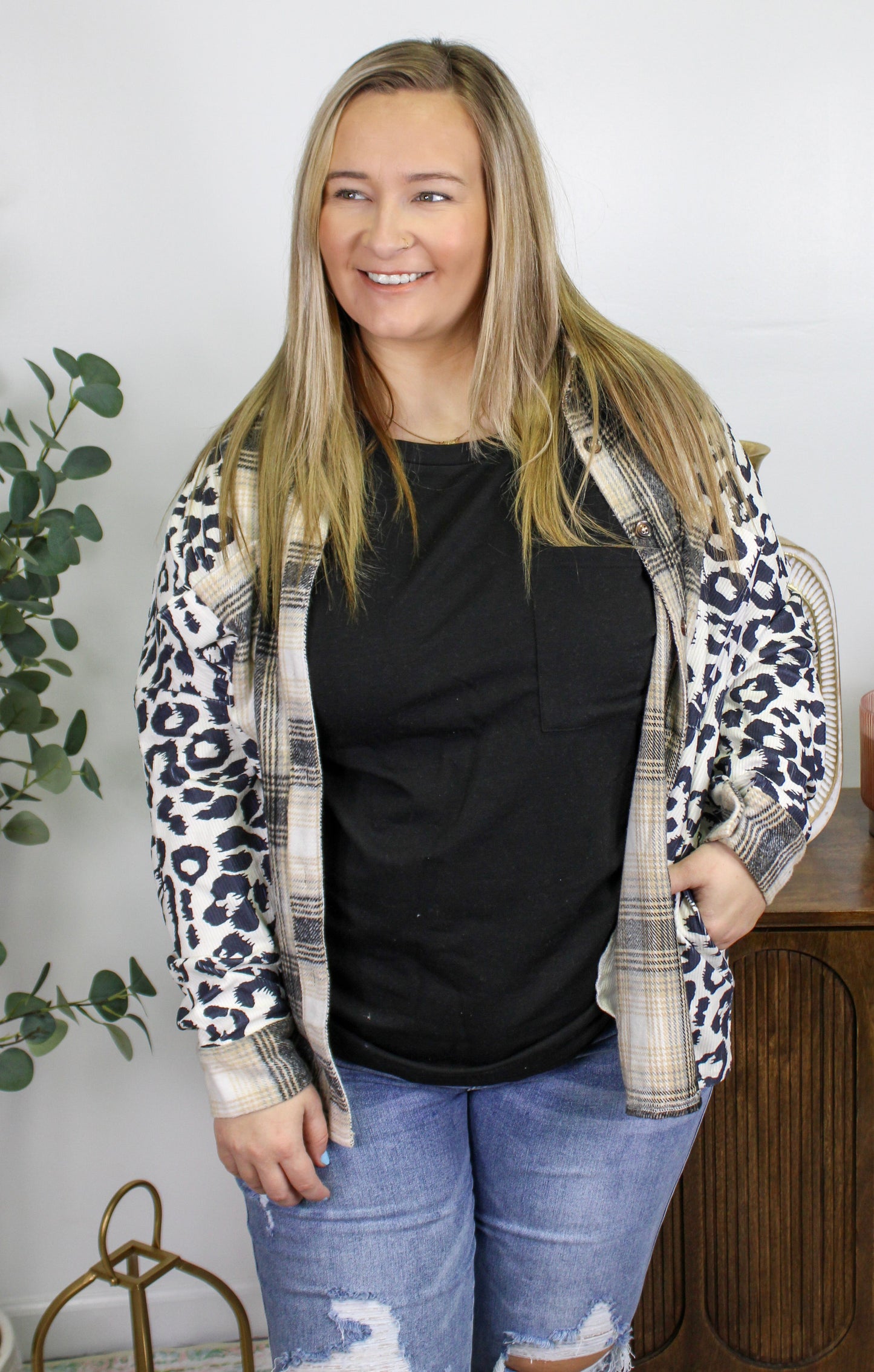 Women’s Black Plaid Leopard Plus Size Flannel