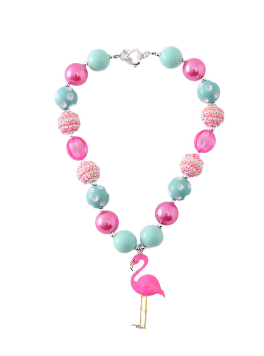 Girls Mint Pink Flamingo Bubble Chunky Necklace