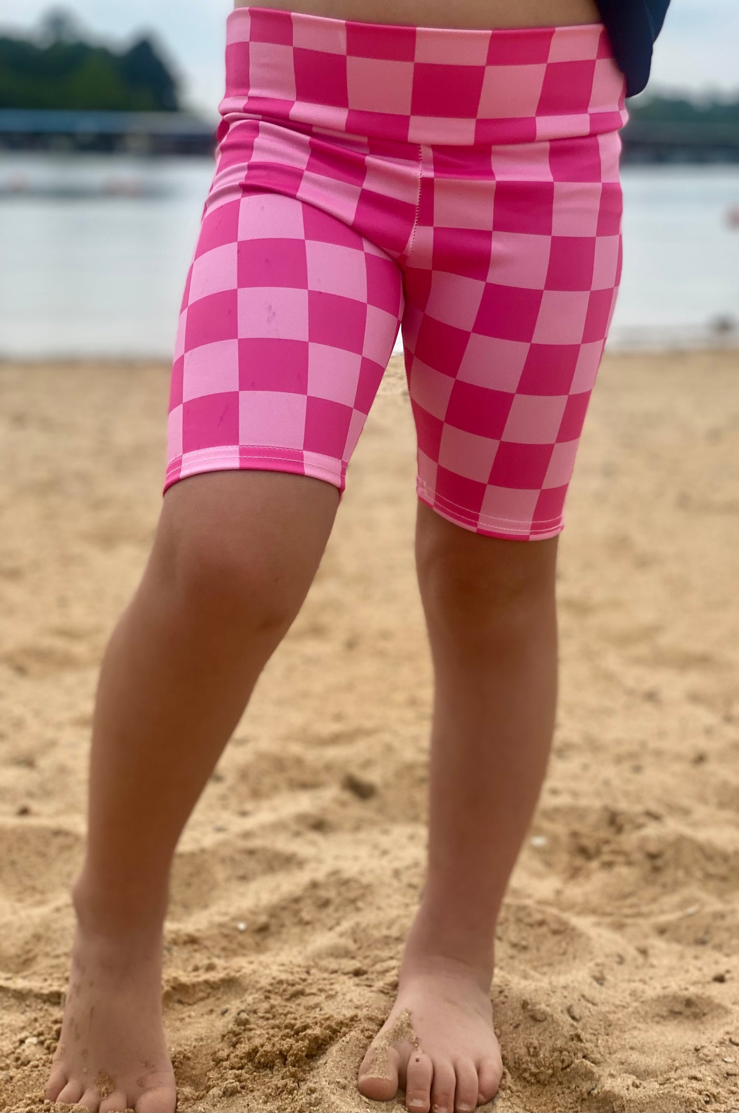 Girls Pink Checkered Bike Shorts