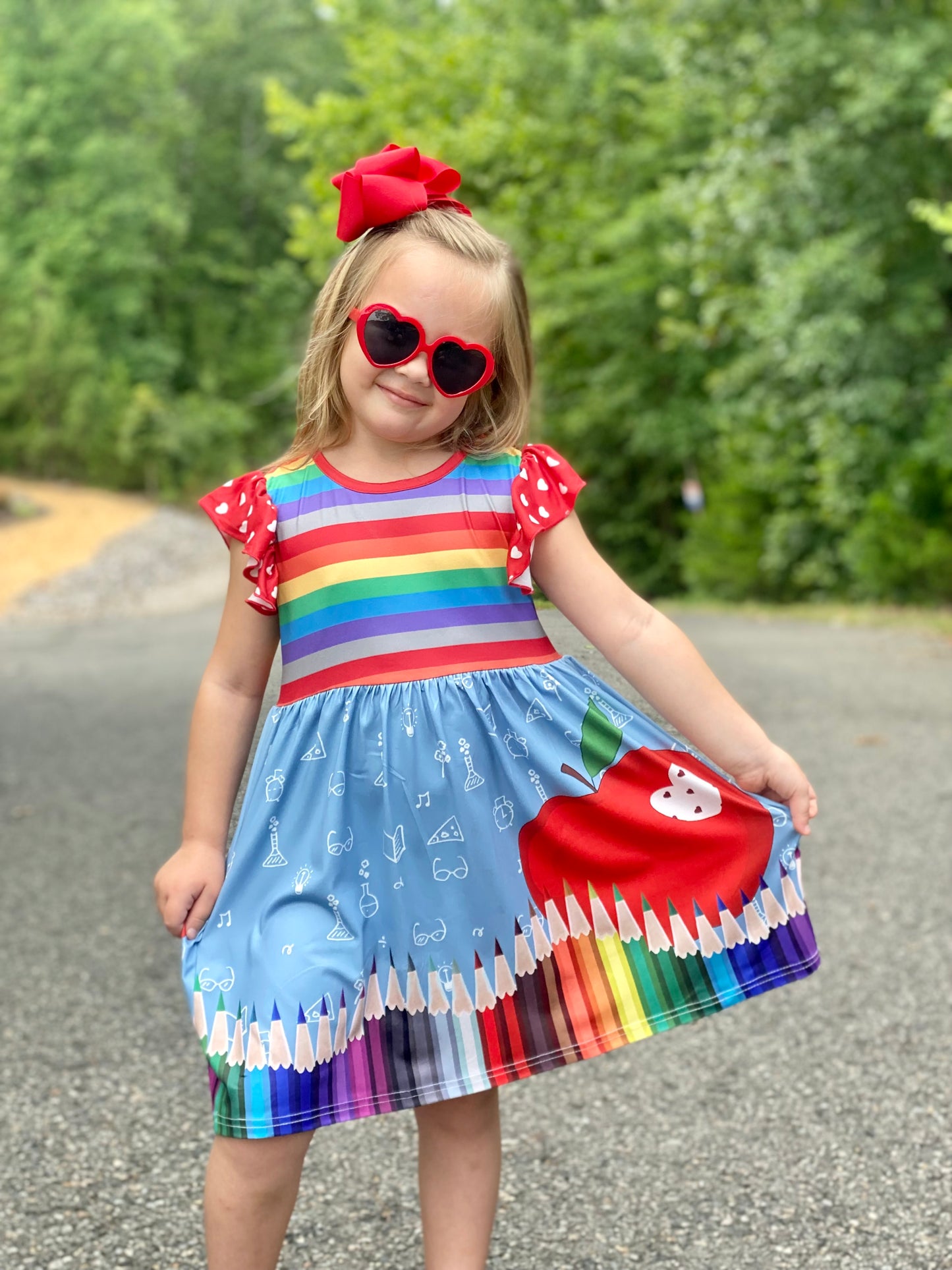 Girls Pencil and Apple Back to School Dress