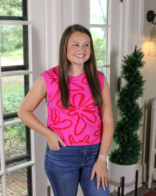 Women's Pink Floral Button Sweater Vest