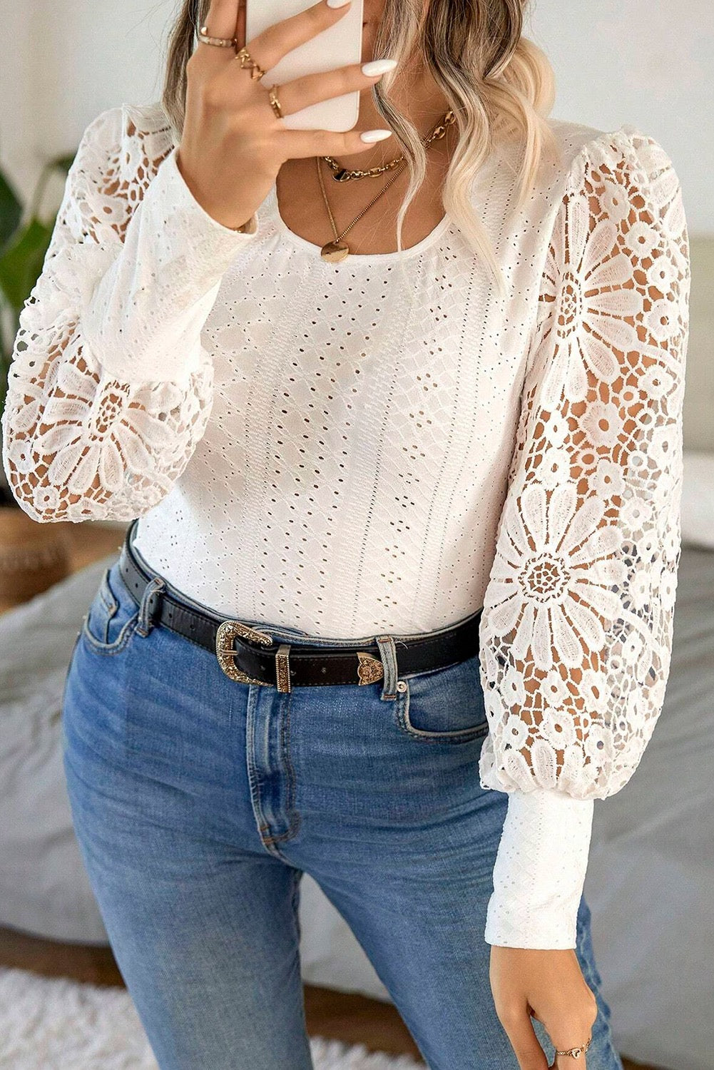 Women's White Floral Lace Plus Size Blouse