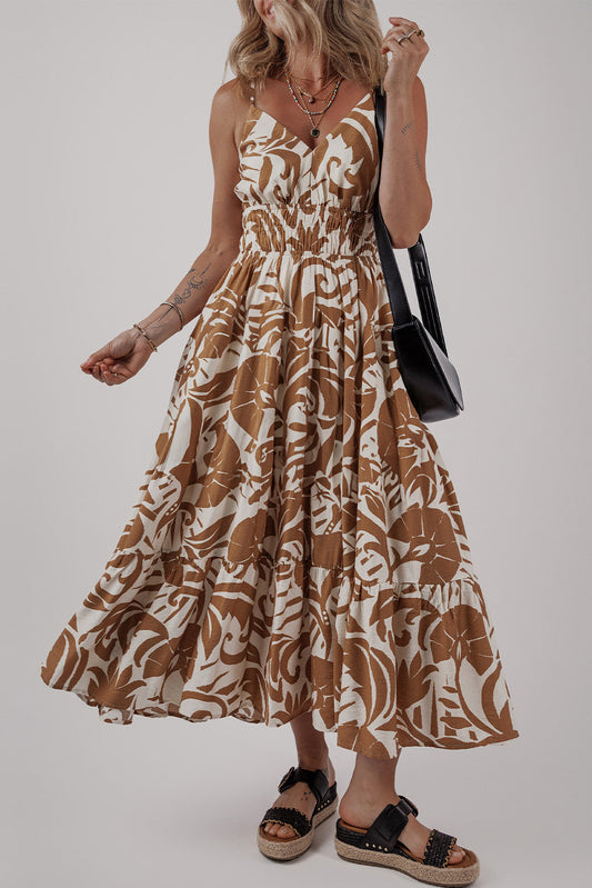 Pre-order Khaki Floral Shirred Maxi Dress August