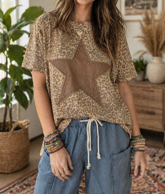 Pre-order Leopard Studded Star Patch Top