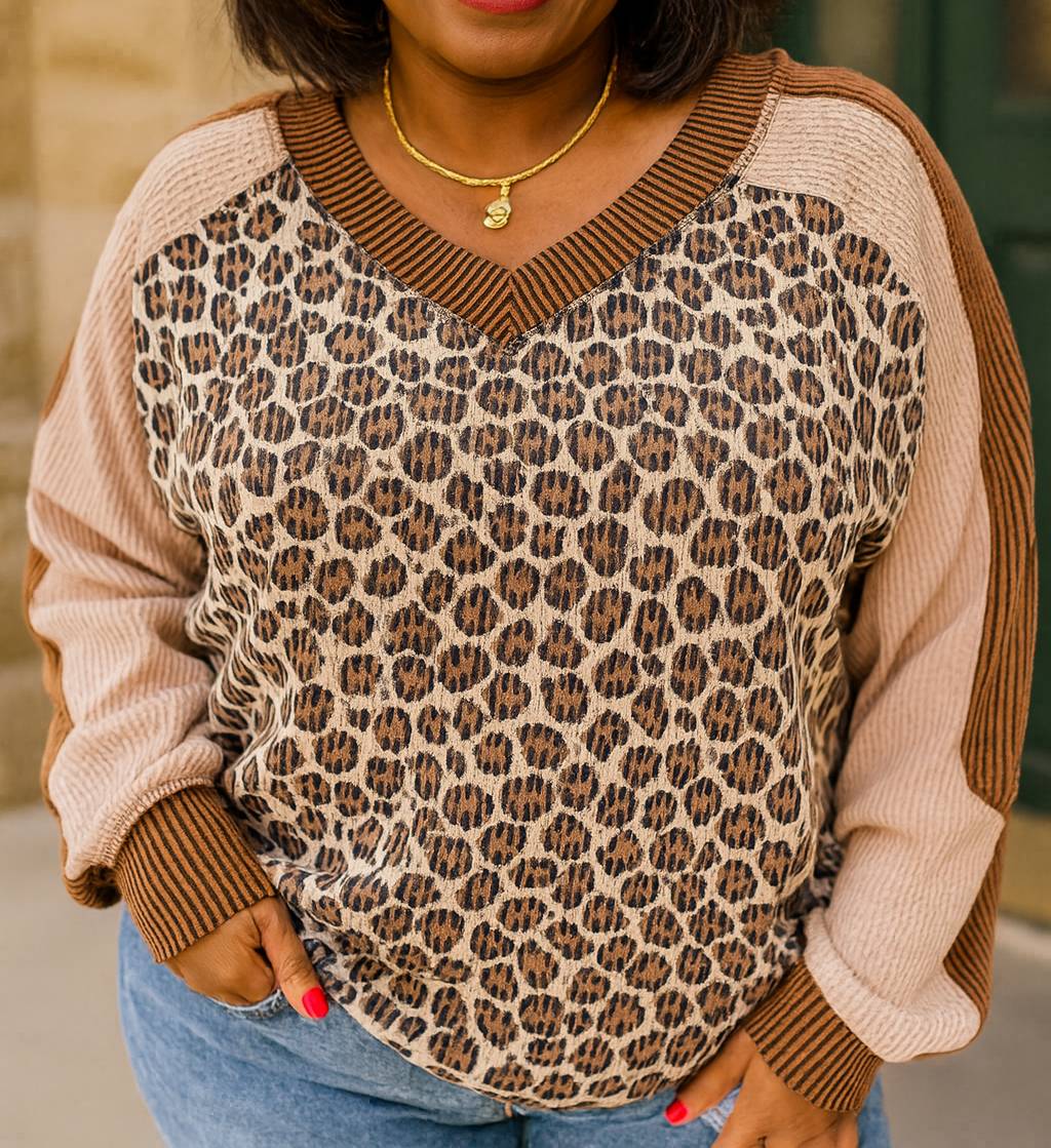 Women’s Leopard Ribbed Plus Size Pullover RTS