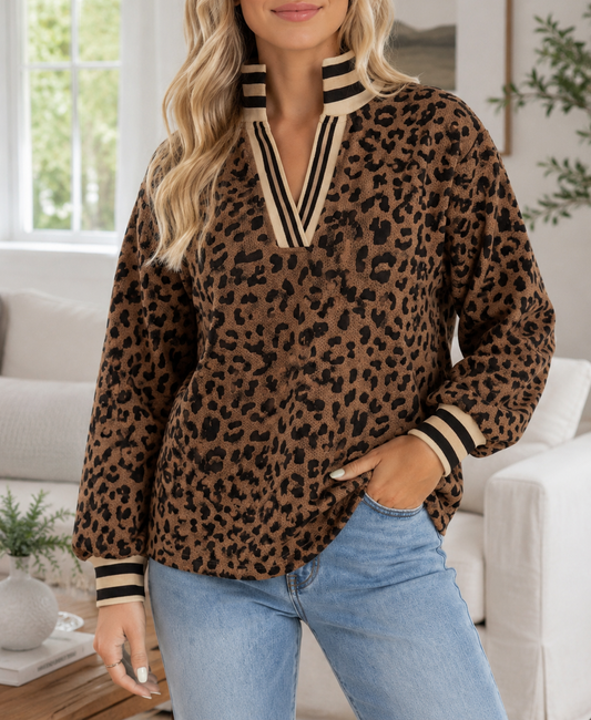 Pre-order Leopard Striped Trim Pullover