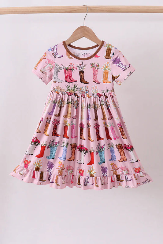 Girls Pink Floral Boots Dress