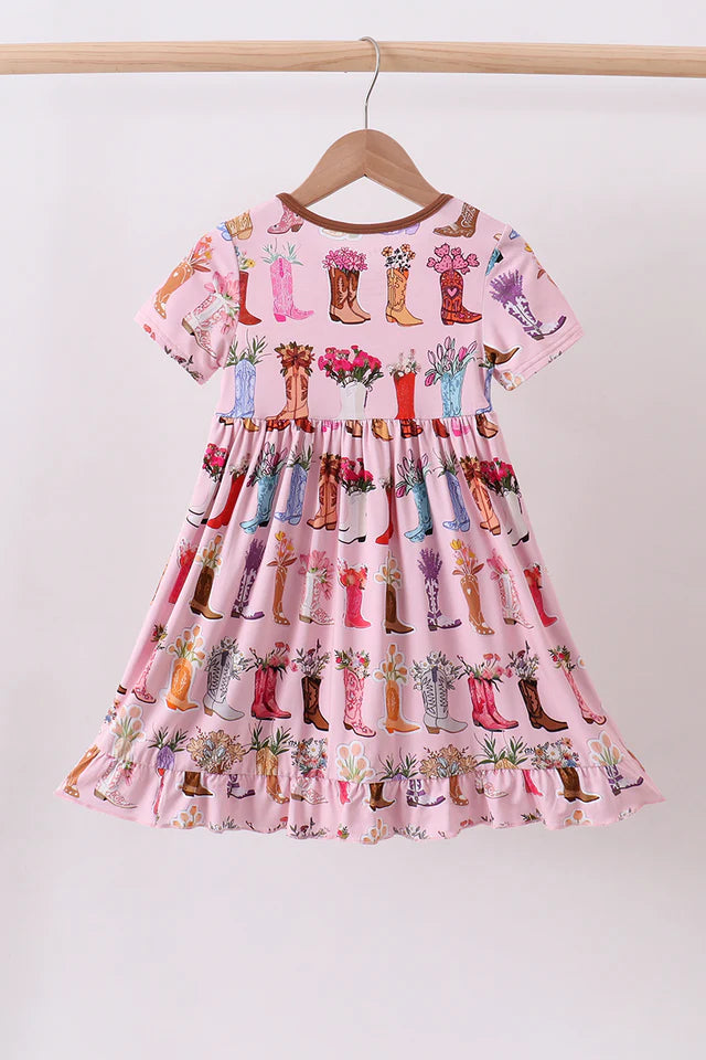 Girls Pink Floral Boots Dress