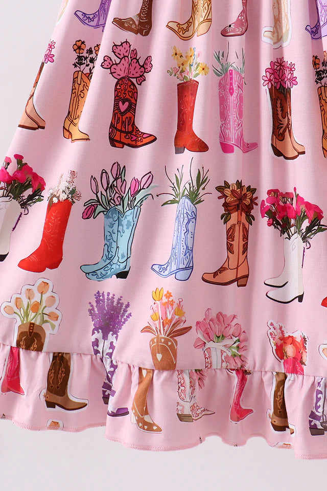 Girls Pink Floral Boots Dress