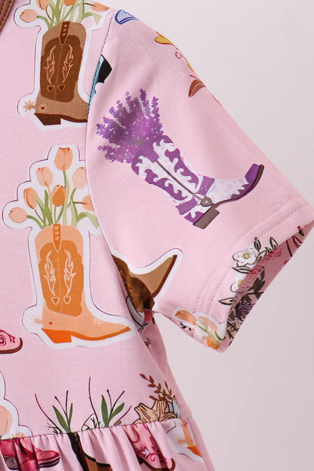 Girls Pink Floral Boots Dress