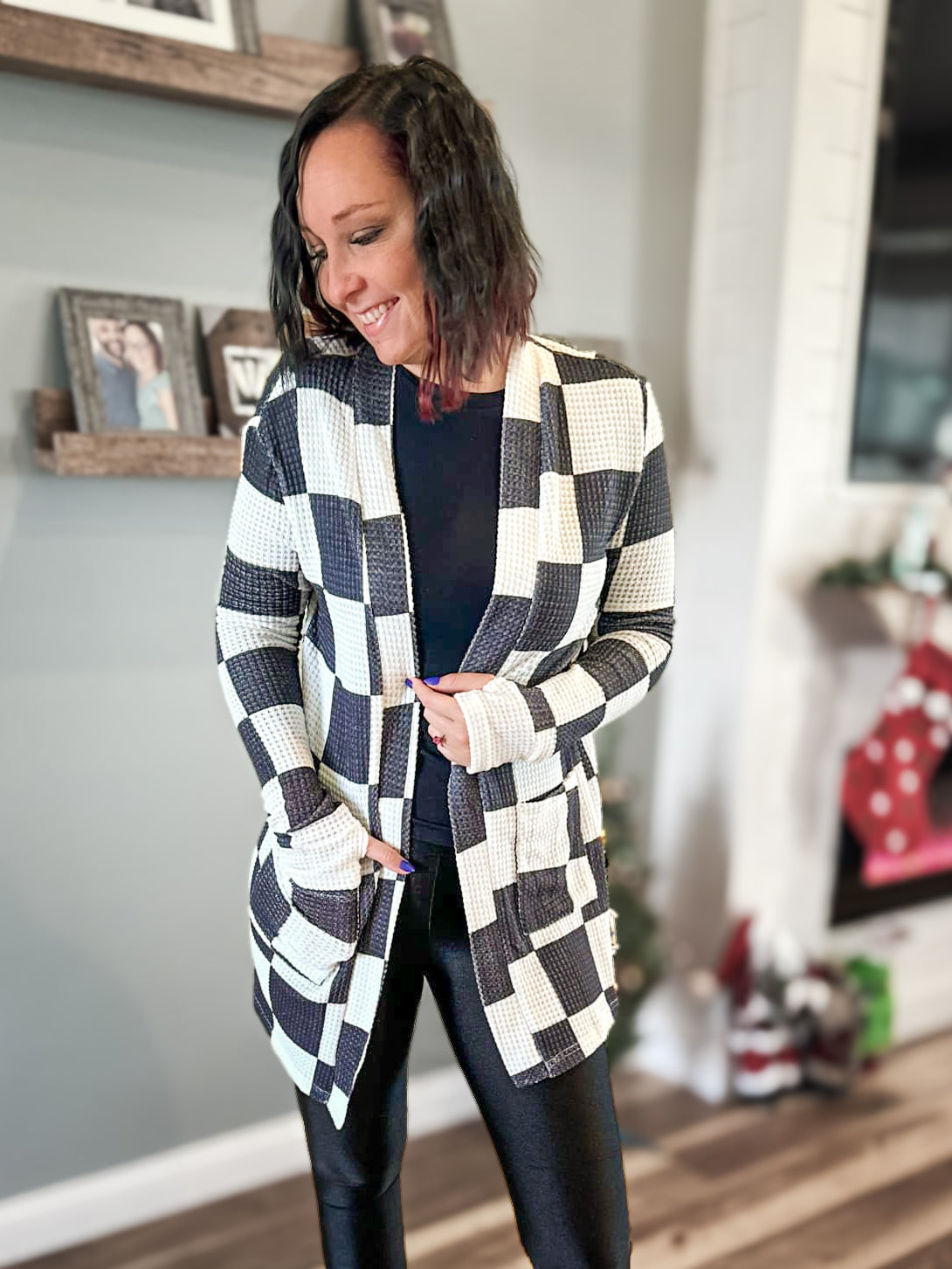 Women's Black Checkered Cardigan