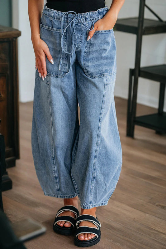 Pre-order Patch Pocket Blue Drawstring Jeans