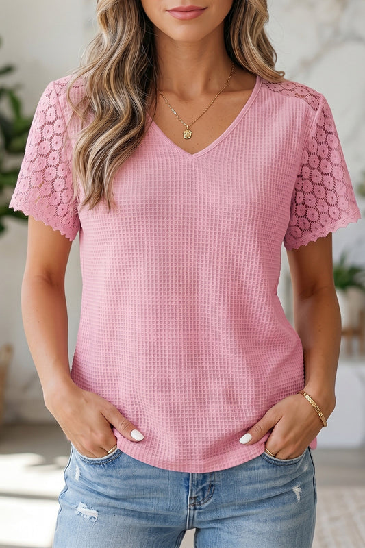 Pre-order Pink Lace Waffle Knit Blouse
