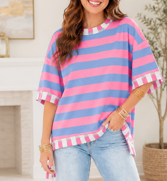 Pre-order Pink Stripe Exposed Seam Oversized Top