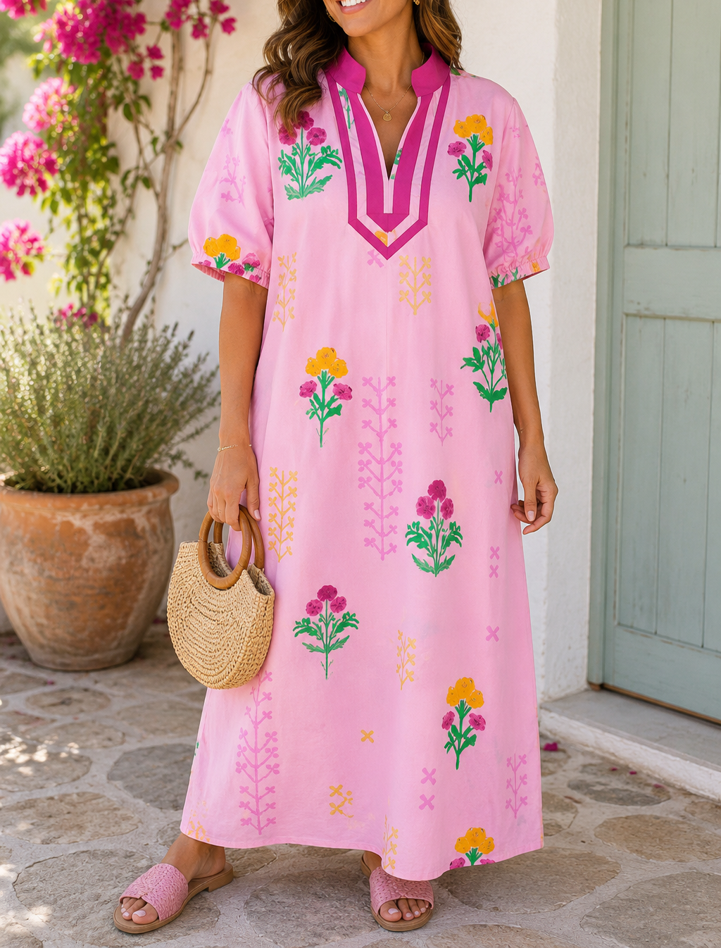 Pre-order Pink Floral V Neck Dress