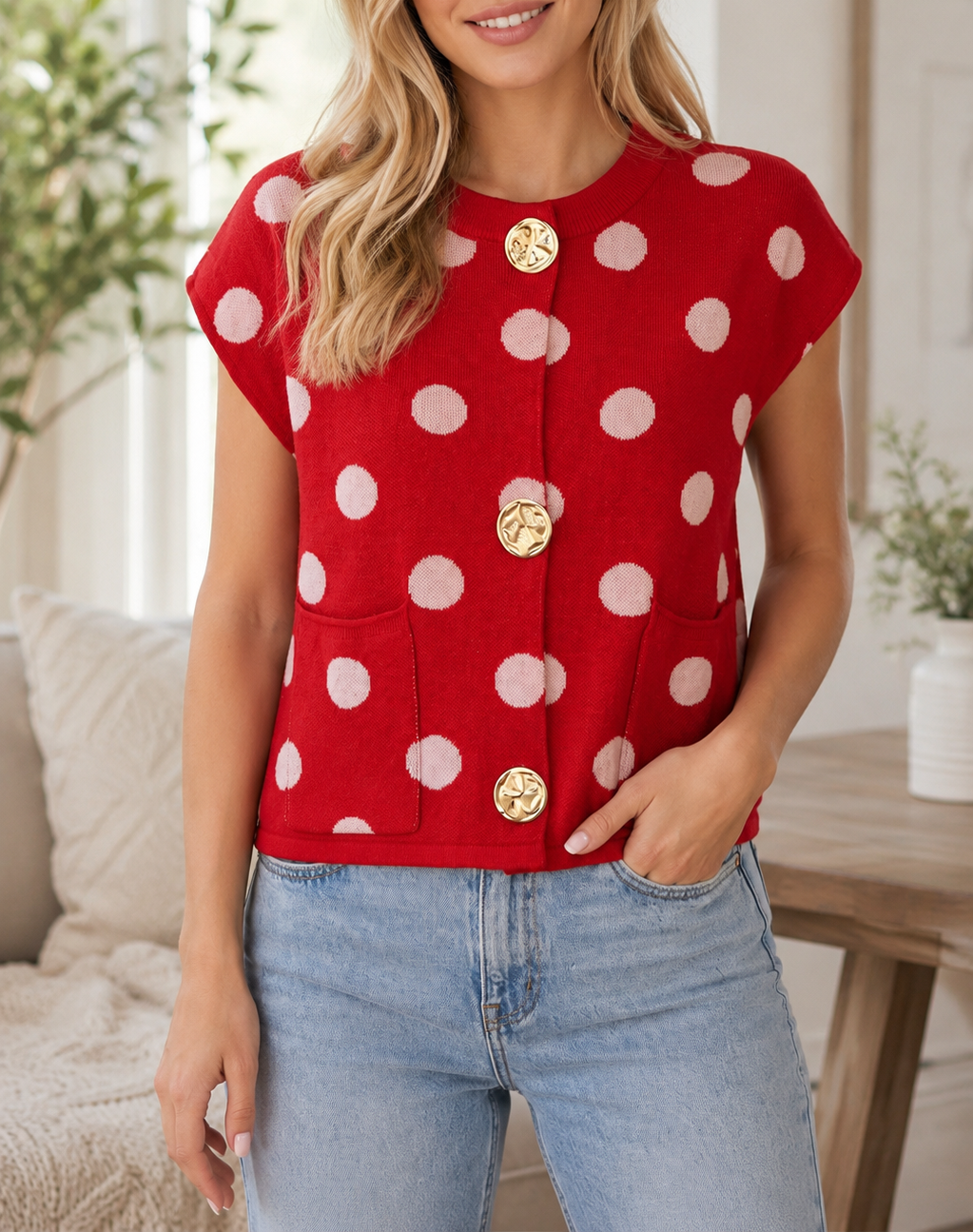 Pre-order Red Polka Dot Button Vest