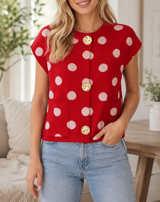 Pre-order Red Polka Dot Button Vest