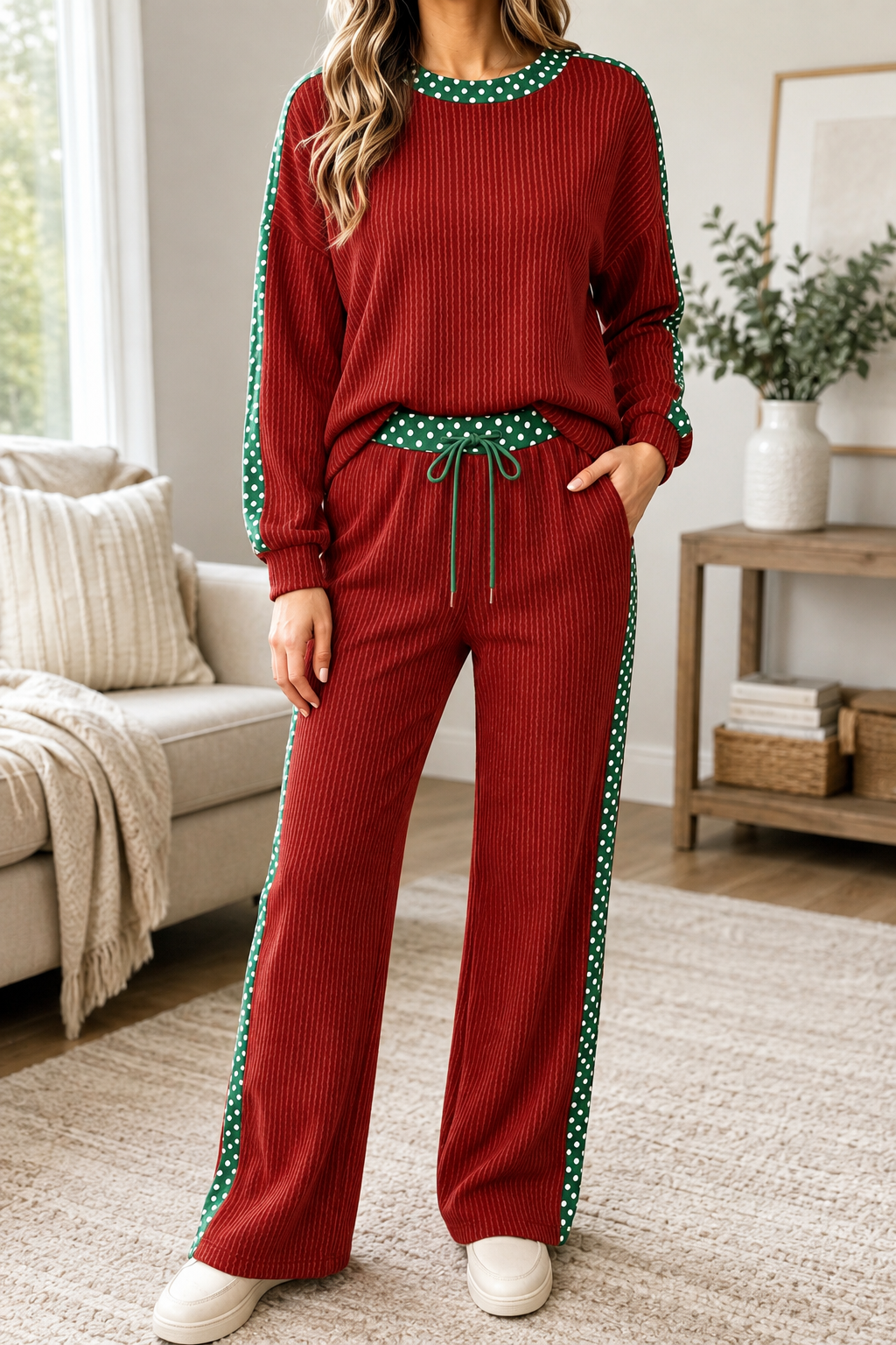 Pre-order Red Ribbed Polka Dot Trim Set