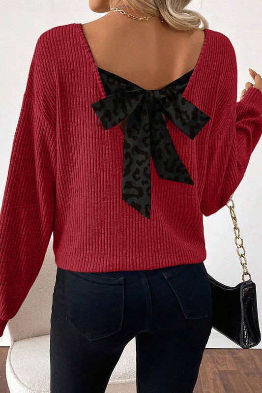 Pre-order Red Ribbed V Neck Bow Back Top FB