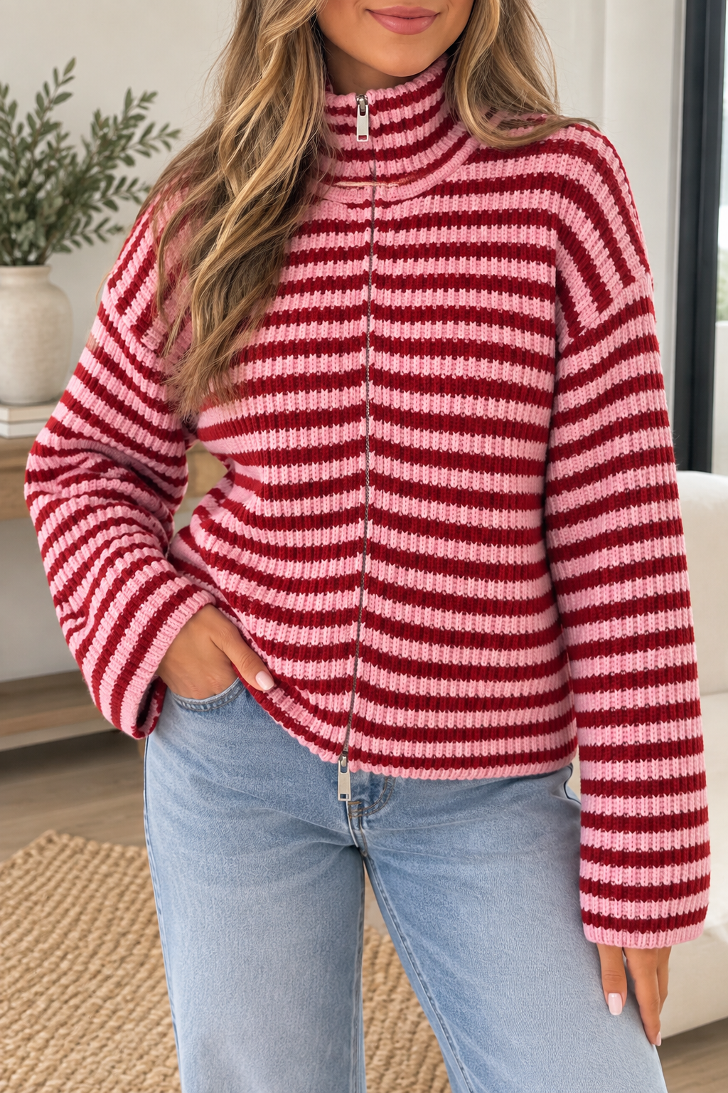 Pre-order Red Stripe Zip Cardigan