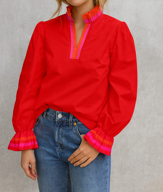 Pre-order Red Striped Ruffle Blouse October