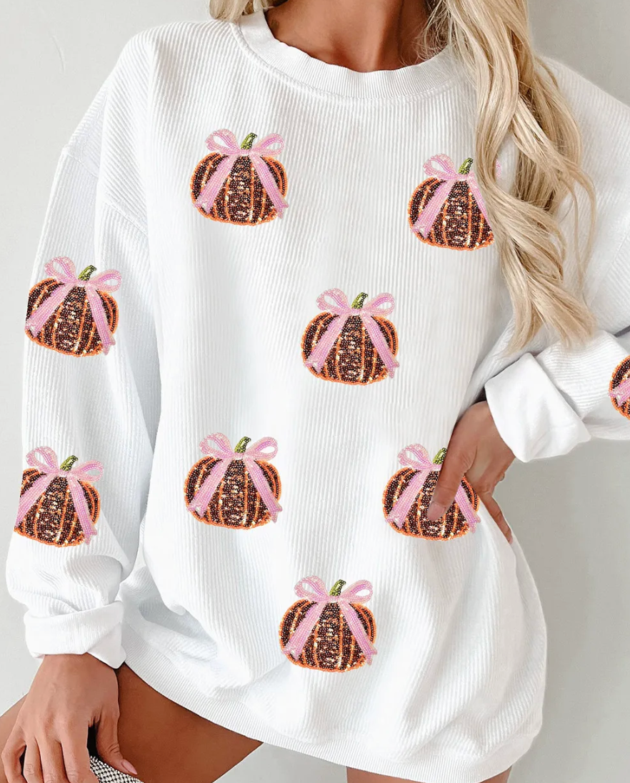 Women's WHITE SEQUIN BOW PUMPKIN RIBBED SWEATSHIRT RTS
