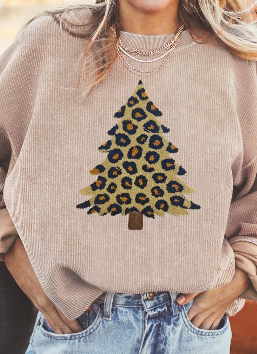 Women’s APRICOT LEOPARD CHRISTMAS TREE RIBBED SWEATSHIRT RTS