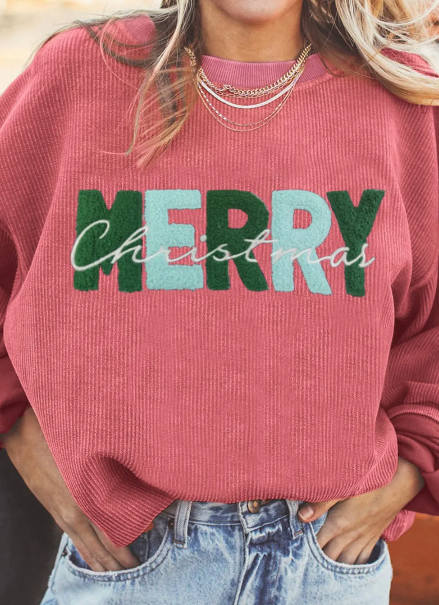 Women's STRAWBERRY PINK MERRY CHRISTMAS RIBBED BAGGY SWEATSHIRT RTS