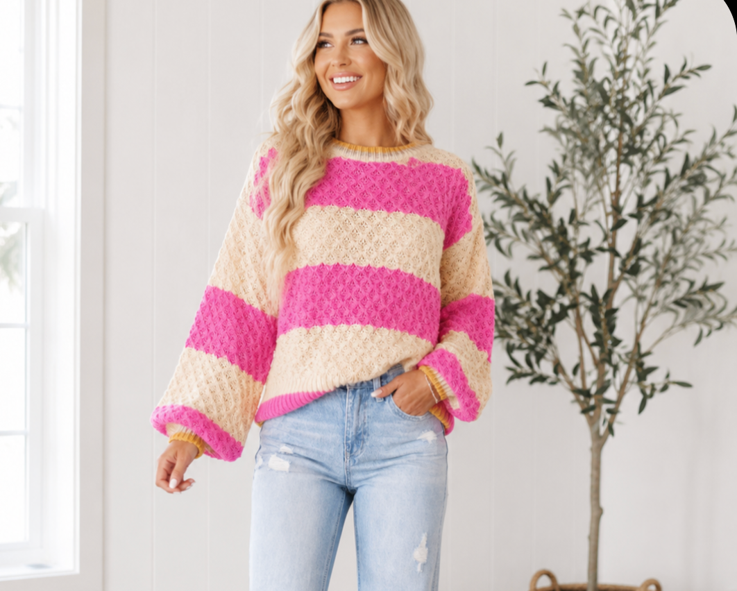 Pre-order Striped Colorblock Texture Drop Shoulder Sweater