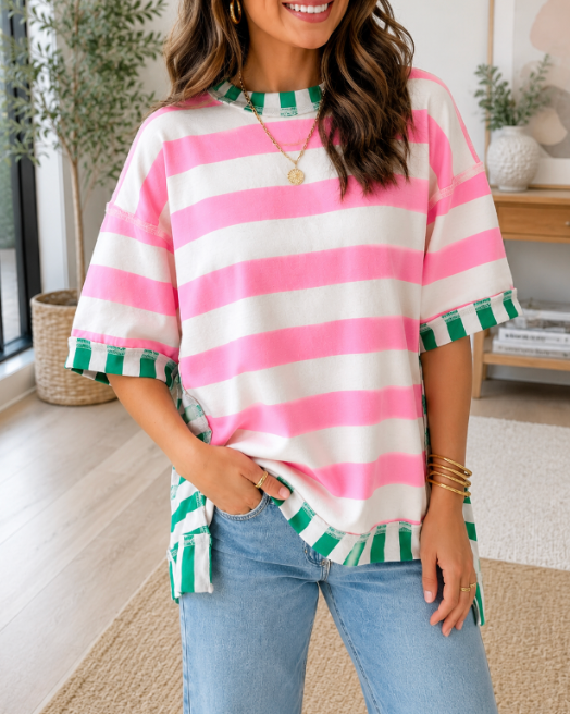 Pre-order Pink Stripe Exposed Seam Oversized Top