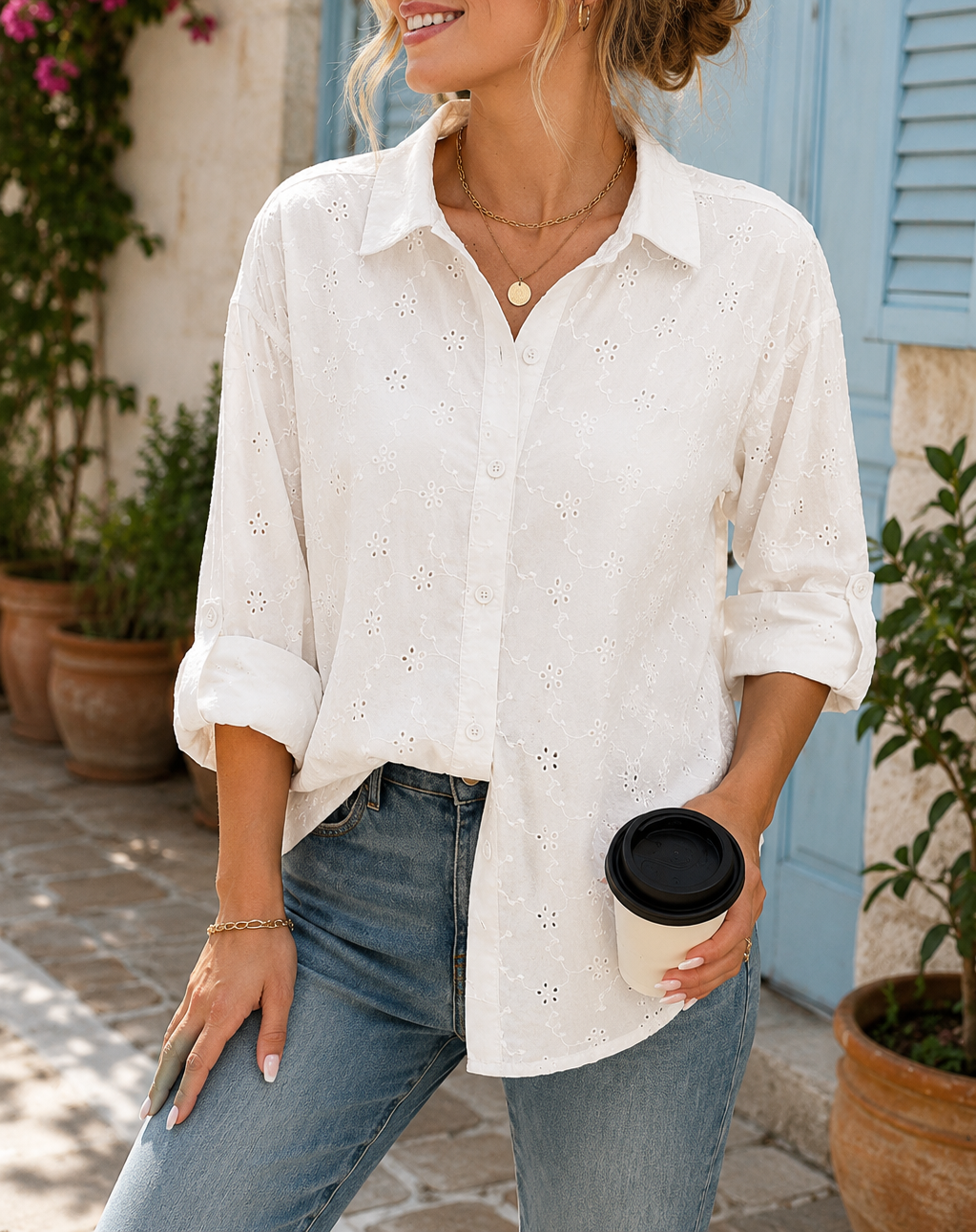 Pre-order White Eyelet Button Shirt