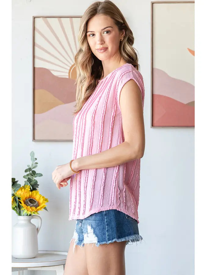 Women's Pink Textured Cap Sleeve Top