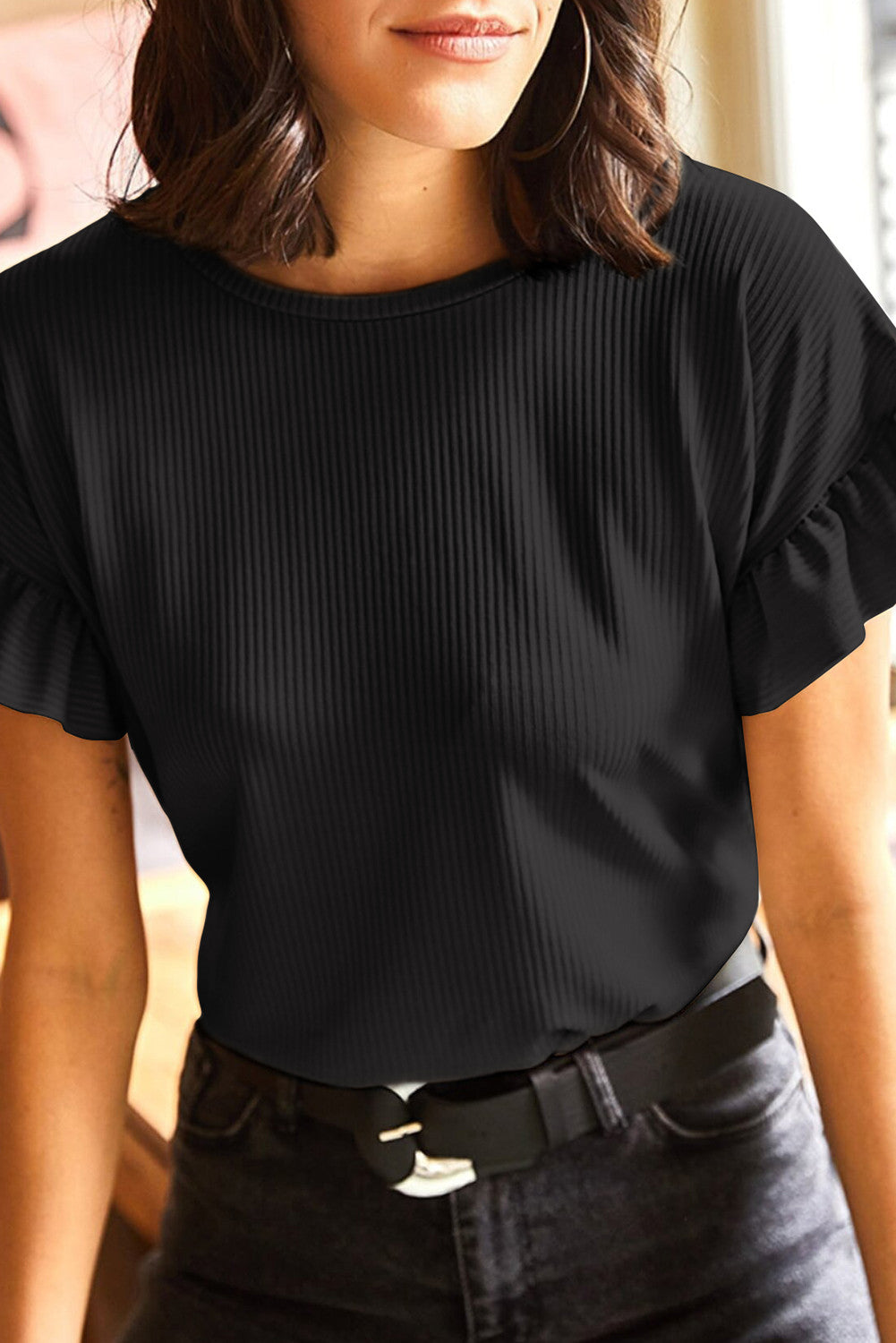 Pre-order Black Ribbed Ruffled Top FB