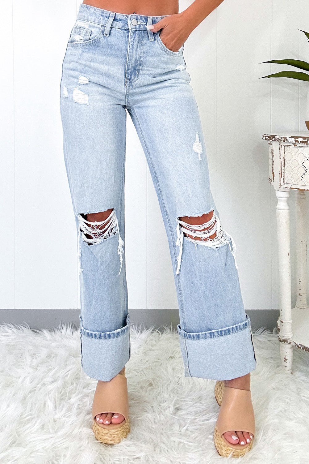 Pre-order Light Wash Distressed Flare Jeans OOTD