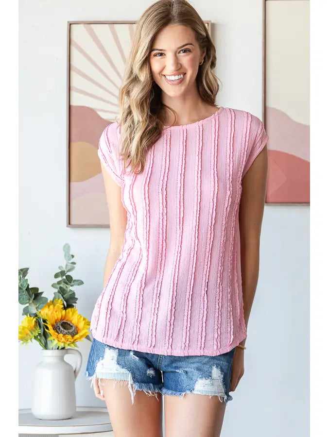 Women's Pink Textured Cap Sleeve Top