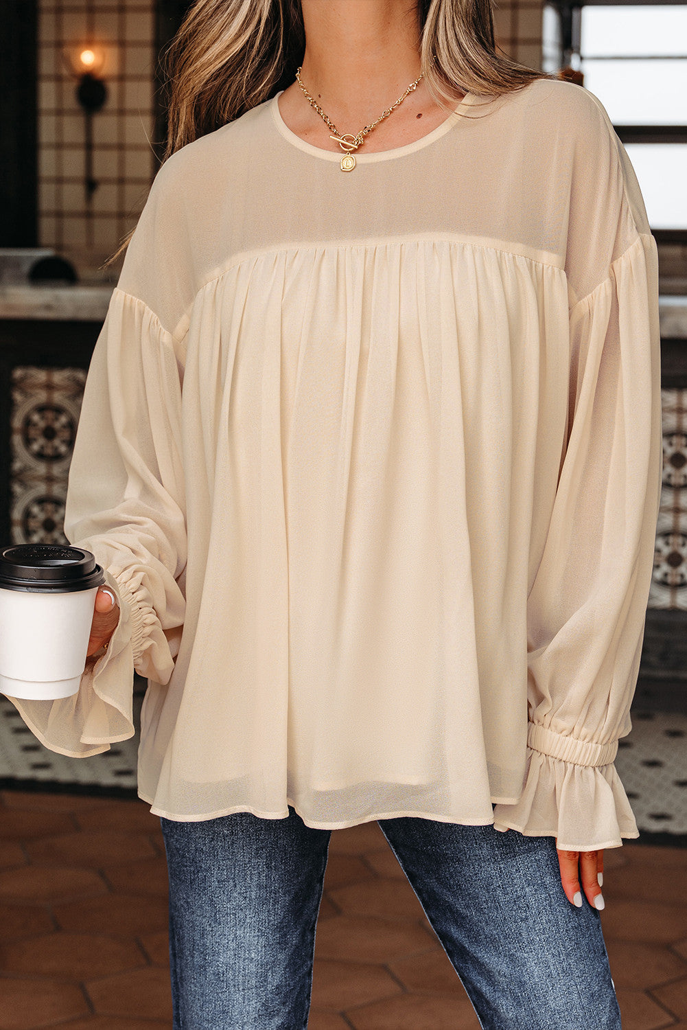Pre-order Beige Pleated Ruffle Blouse FB