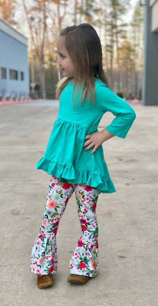 Girls Teal High Low Ruffle Top