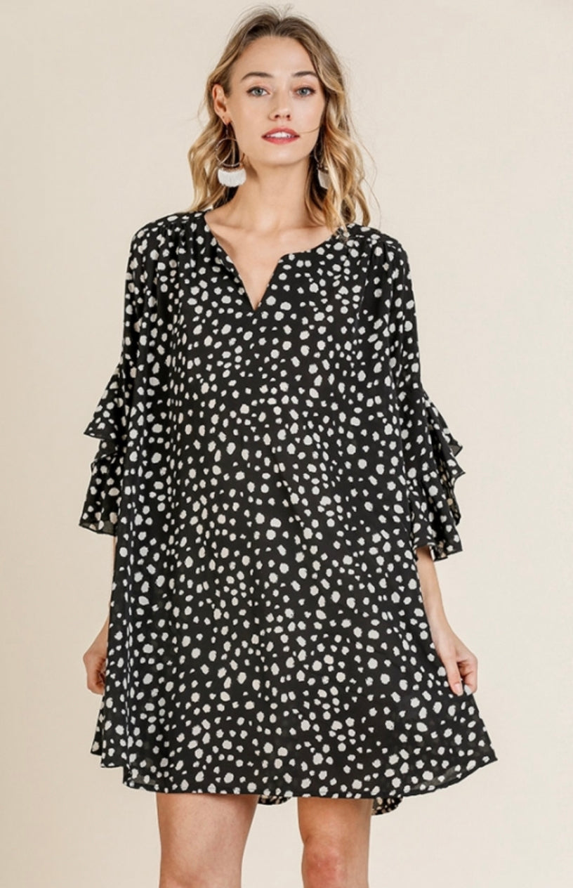 Women's Dalmatian Print Layered Ruffle Sleeve Dress