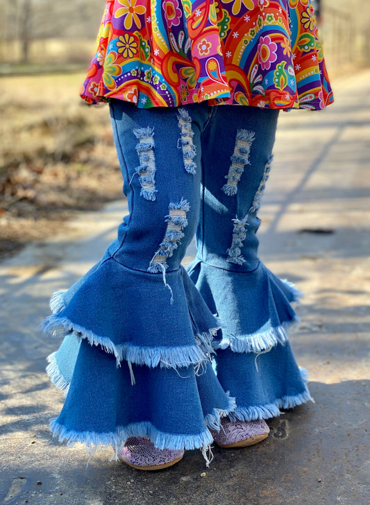 Girls Distressed Denim Double Bells